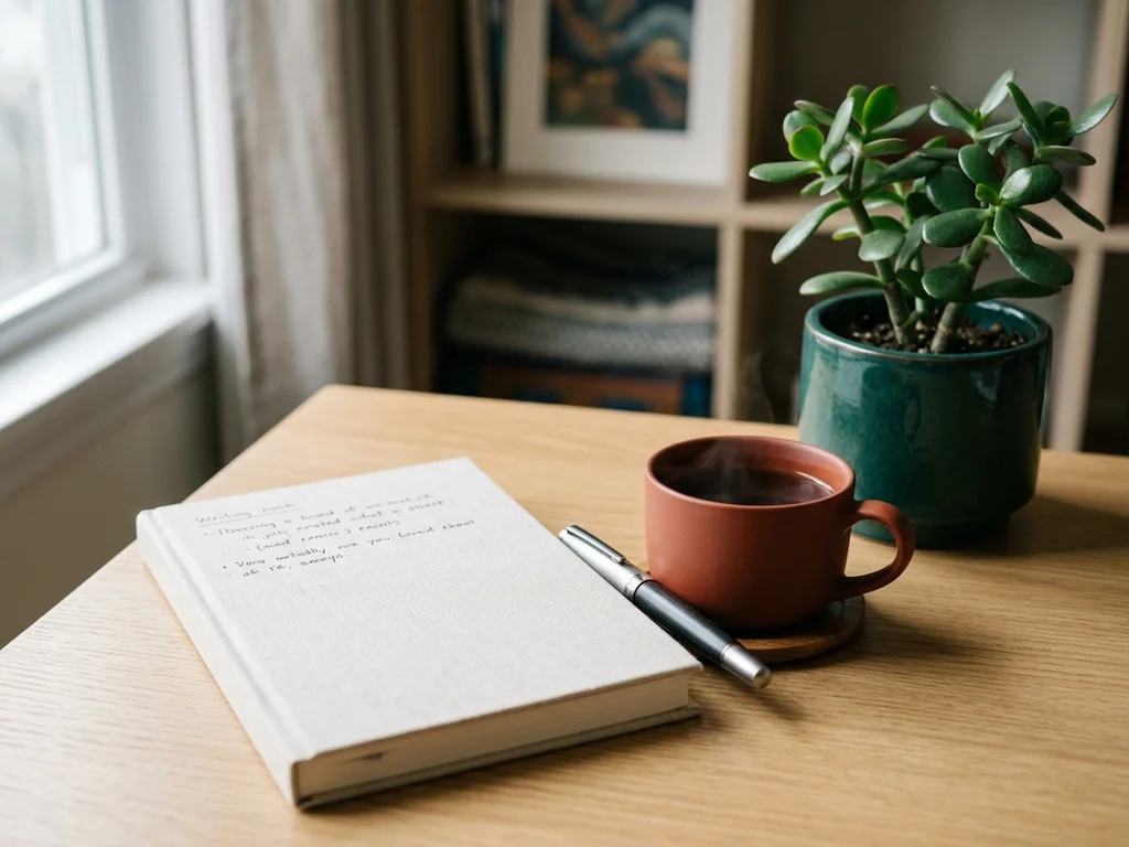 Escritorio con libreta y té en un ambiente sereno para consultas y contacto profesional.