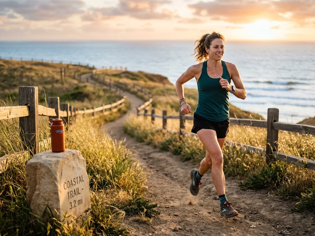 Mujer corriendo por un sendero costero al amanecer, promoviendo el bienestar y vitalidad física.